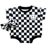 Short Sleeve Bubble Romper | Checkered Smiley Black - HoneyBug 