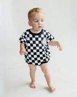 Short Sleeve Bubble Romper | Checkered Smiley Black - HoneyBug 