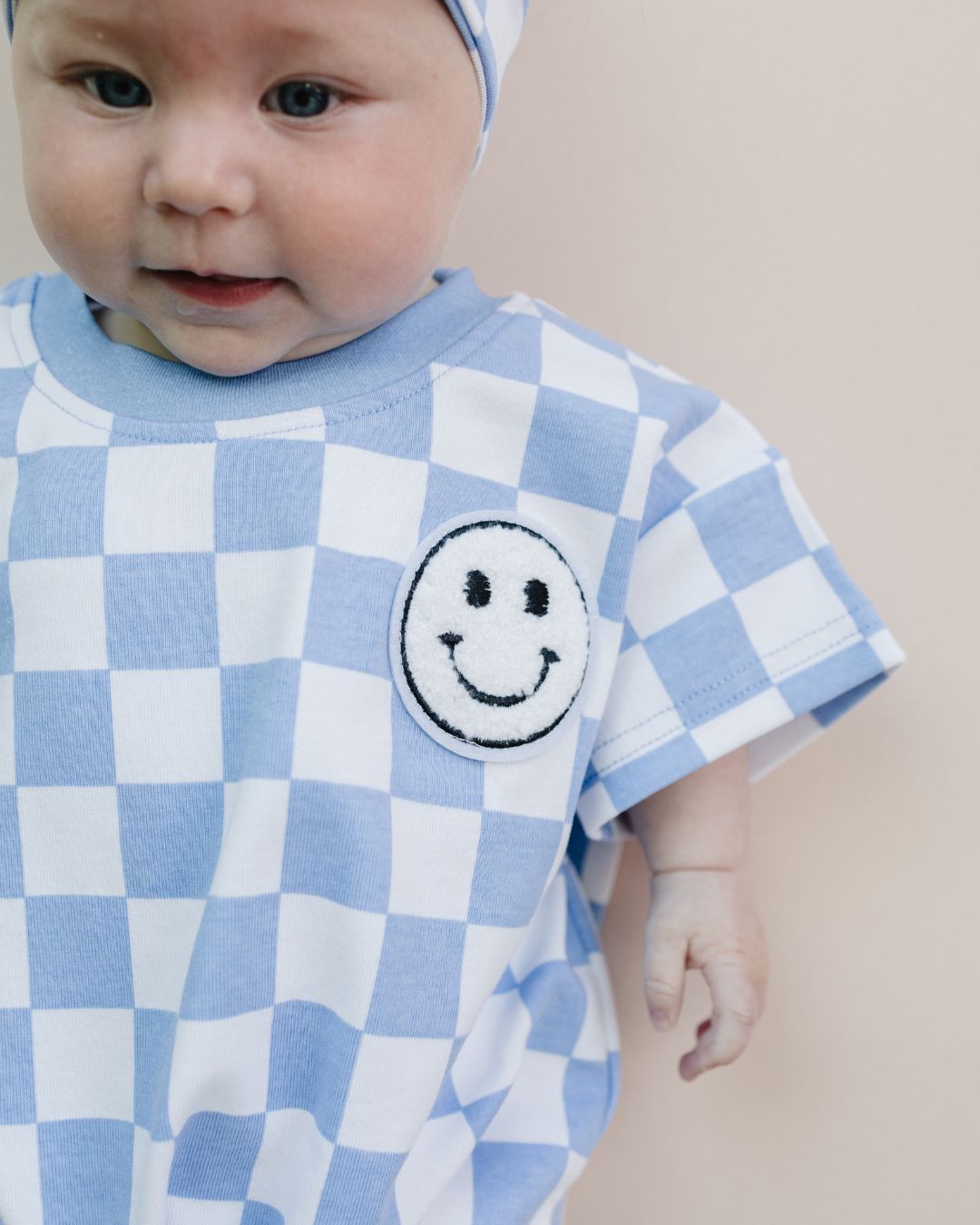 Short Sleeve Bubble Romper | Checkered Smiley Blue - HoneyBug 