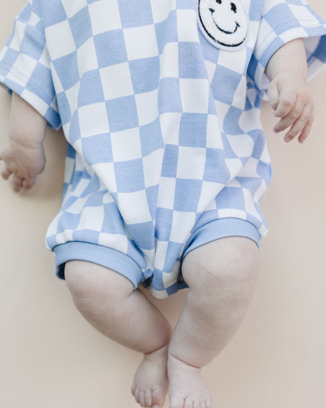 Short Sleeve Bubble Romper | Checkered Smiley Blue - HoneyBug 