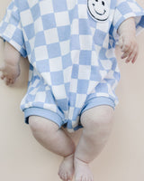 Short Sleeve Bubble Romper | Checkered Smiley Blue - HoneyBug 
