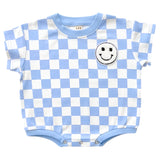 Short Sleeve Bubble Romper | Checkered Smiley Blue - HoneyBug 
