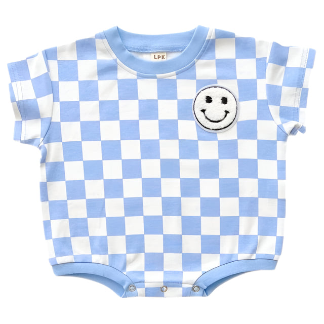 Short Sleeve Bubble Romper | Checkered Smiley Blue - HoneyBug 