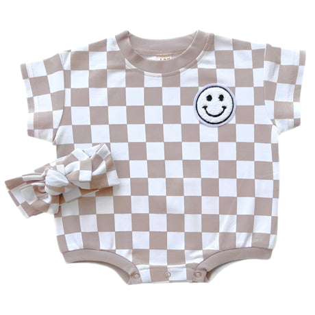Short Sleeve Bubble Romper | Checkered Smiley Latte - HoneyBug 