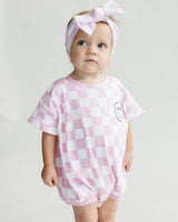 Short Sleeve Bubble Romper | Checkered Smiley Pink - HoneyBug 