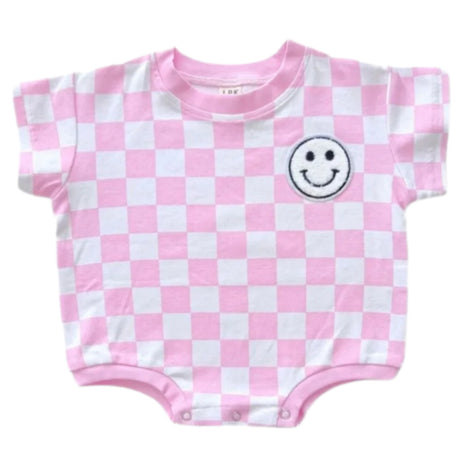 Short Sleeve Bubble Romper | Checkered Smiley Pink - HoneyBug 