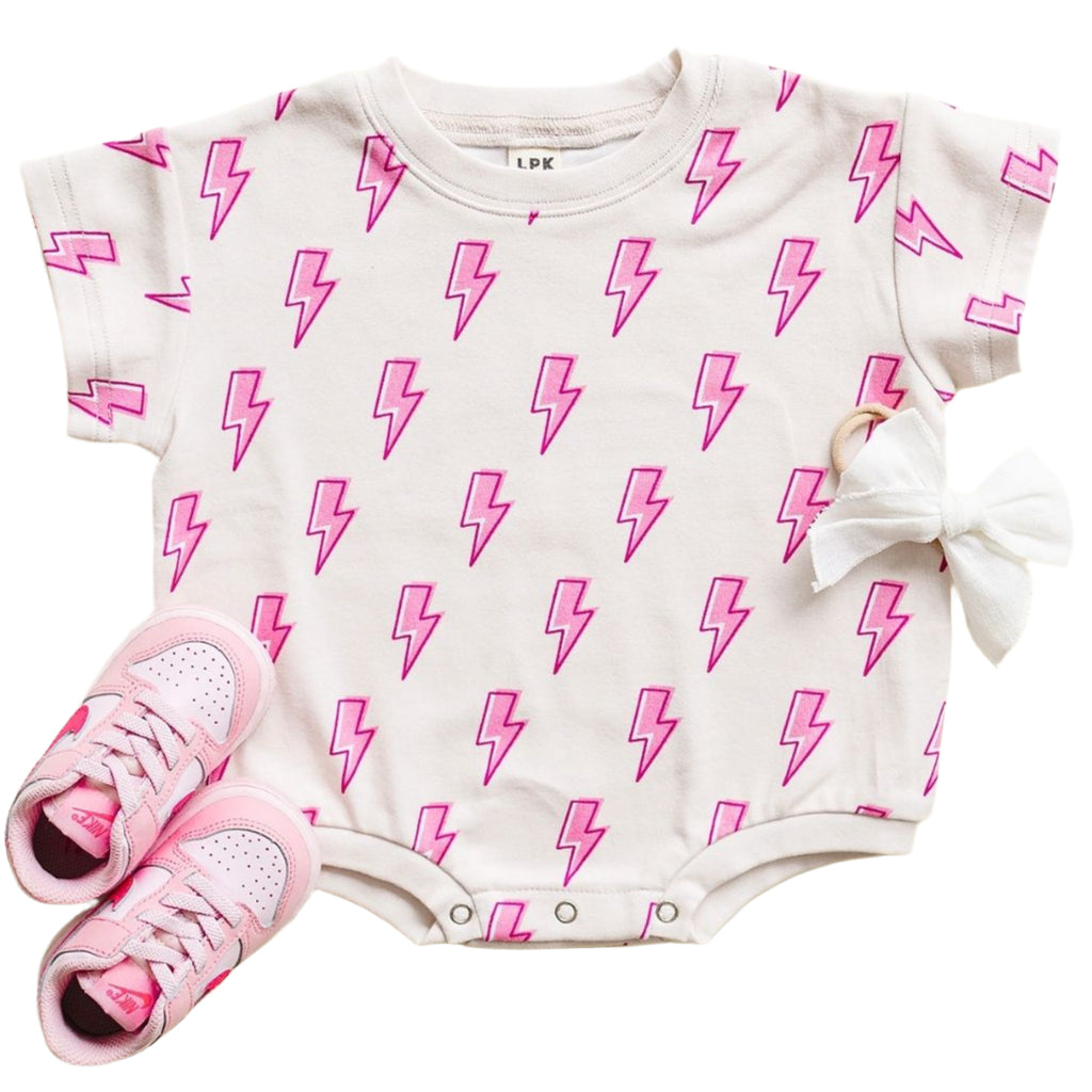 Short Sleeve Bubble Romper | Pink Bolts - HoneyBug 
