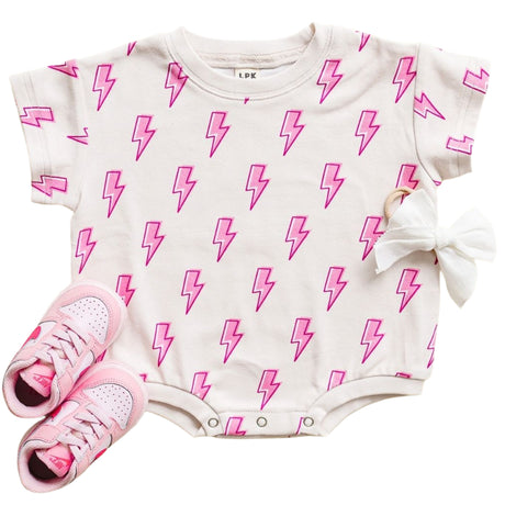 Short Sleeve Bubble Romper | Pink Bolts - HoneyBug 