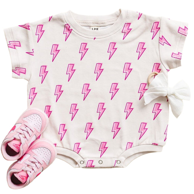 Short Sleeve Bubble Romper | Pink Bolts - HoneyBug 