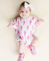 Short Sleeve Bubble Romper | Pink Bolts - HoneyBug 