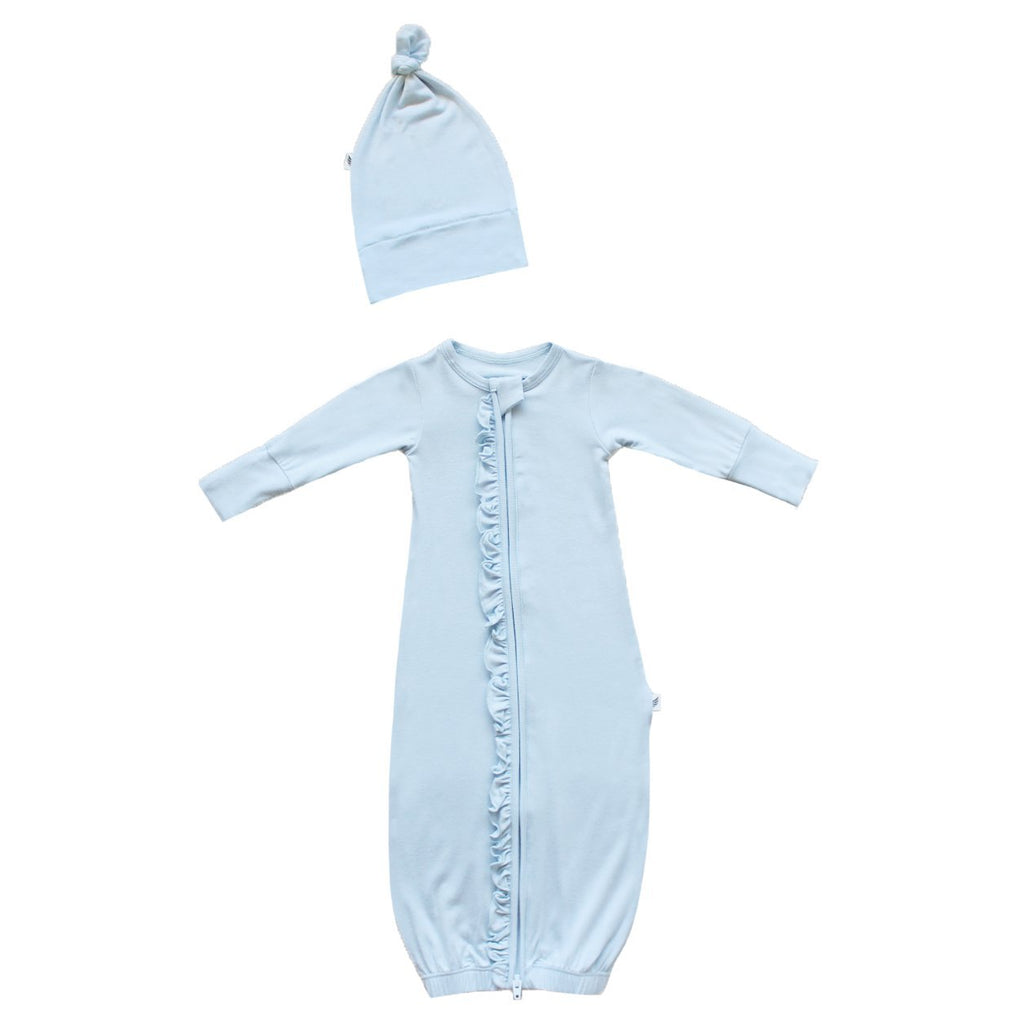 Sky Ruffle Newborn Gown & Knot Hat Set - HoneyBug 
