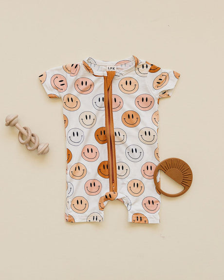 Smiley Bamboo Short Romper | Copper - HoneyBug 