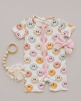 Smiley Bamboo Short Romper | Pink - HoneyBug 