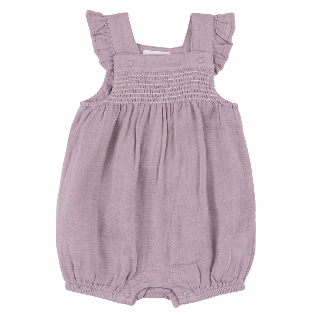 Smocked Front Overall Shortie - Dusty Lavender Solid Muslin - HoneyBug 