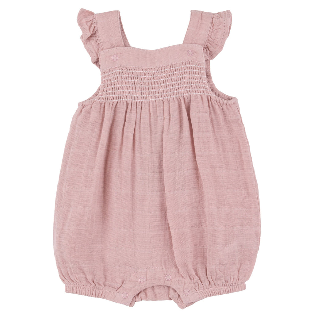 Smocked Front Overall Shortie - Dusty Pink Solid Muslin - HoneyBug 