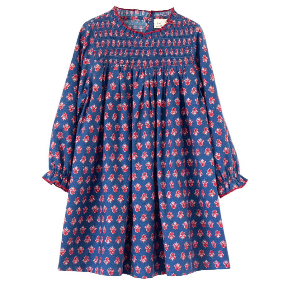 Girls' Smocked Long Sleeves Dress | Red and Navy - HoneyBug 