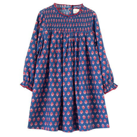 Girls' Smocked Long Sleeves Dress | Red and Navy - HoneyBug 