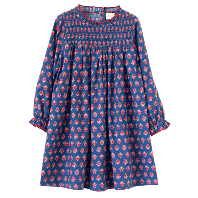 Girls' Smocked Long Sleeves Dress | Red and Navy - HoneyBug 