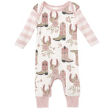 Cowgirl Boots Bamboo Romper w/Pink Stripe Sleeves - HoneyBug 