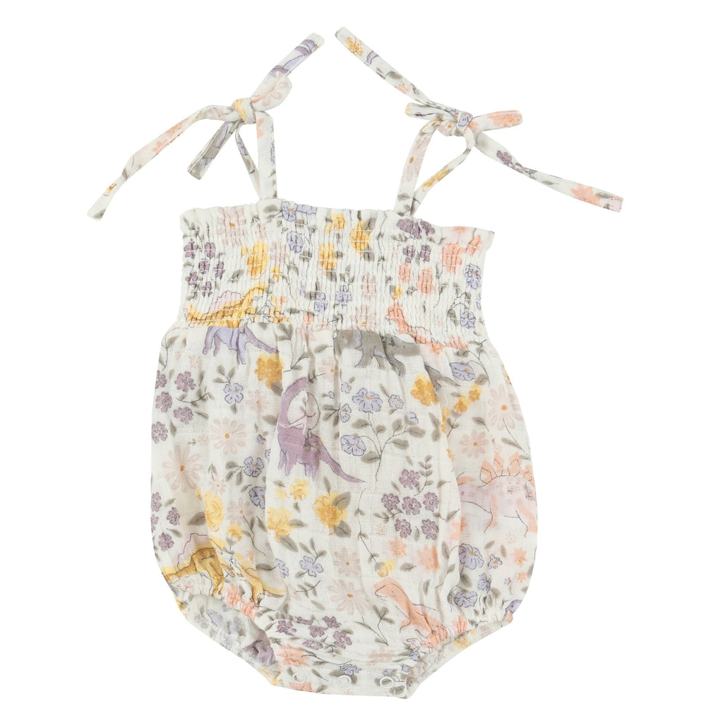 Tie Strap Smocked Bubble - Sweet Floral Dino - HoneyBug 