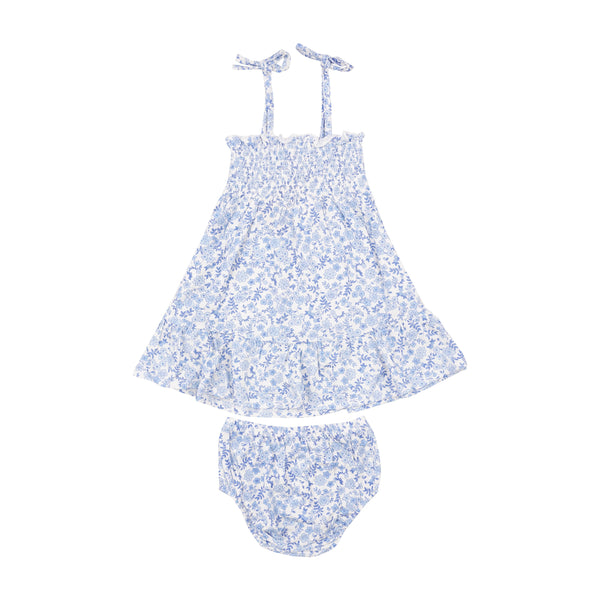 Tie Strap Smocked Sun Dresss Diaper Cover - Blue Calico Floral - HoneyBug 