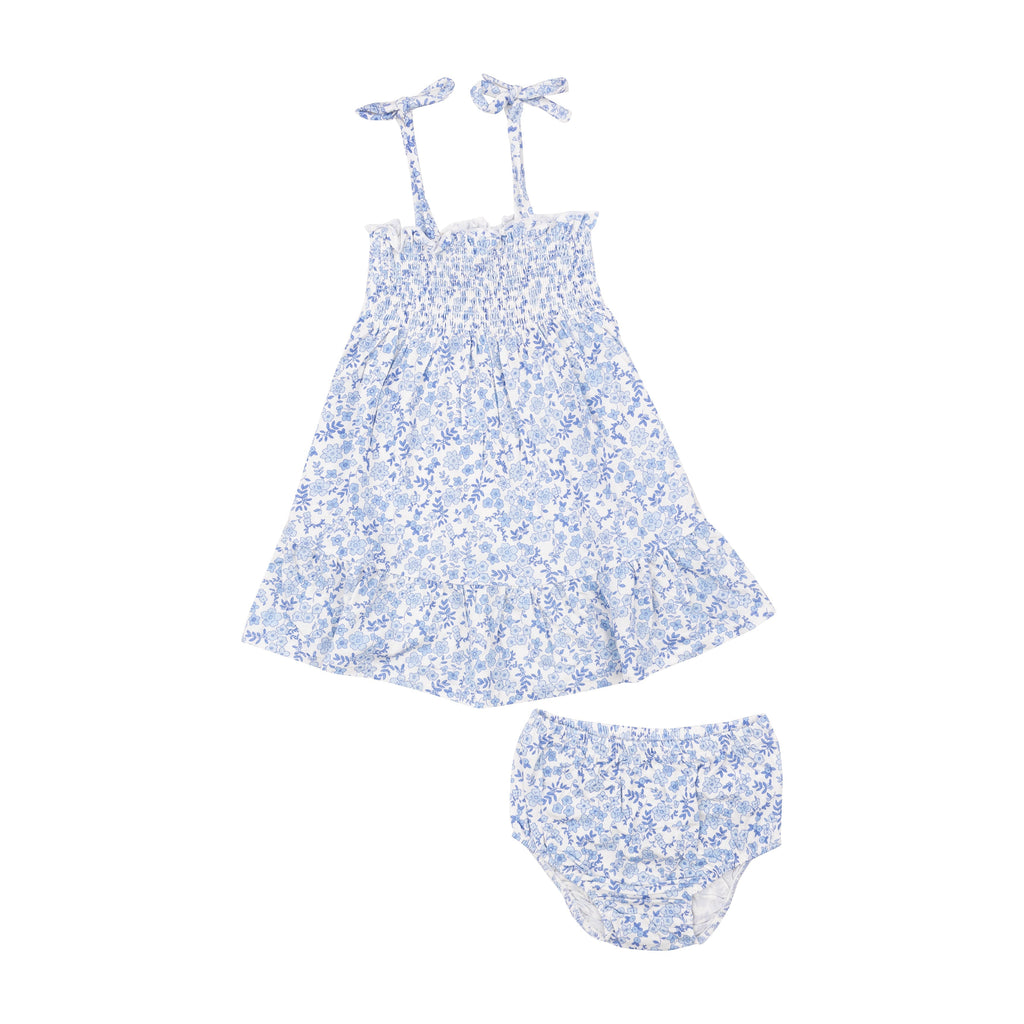 Tie Strap Smocked Sun Dresss Diaper Cover - Blue Calico Floral - HoneyBug 