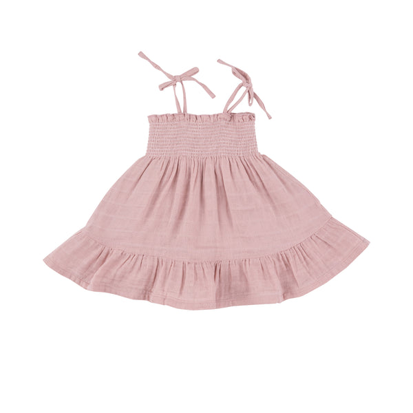 Tie Strap Smocked Sun Dresss Diaper Cover - Dusty Pink Solid Muslin - HoneyBug 