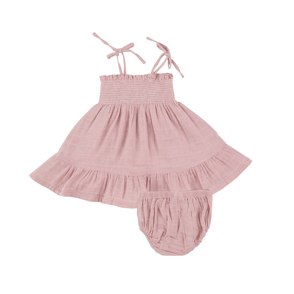 Tie Strap Smocked Sun Dresss Diaper Cover - Dusty Pink Solid Muslin - HoneyBug 