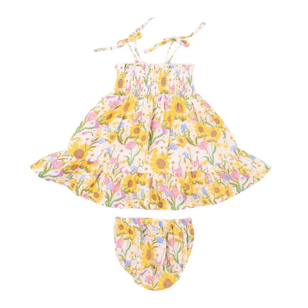 Tie Strap Smocked Sun Dresss Diaper Cover - Sunflower Dream Floral - HoneyBug 