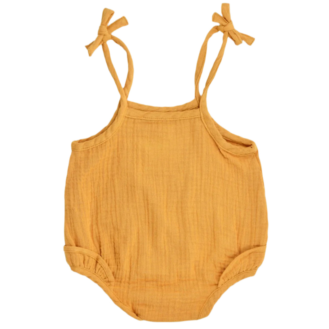 Muslin Ruffle Romper with Ties - Mustard - HoneyBug 