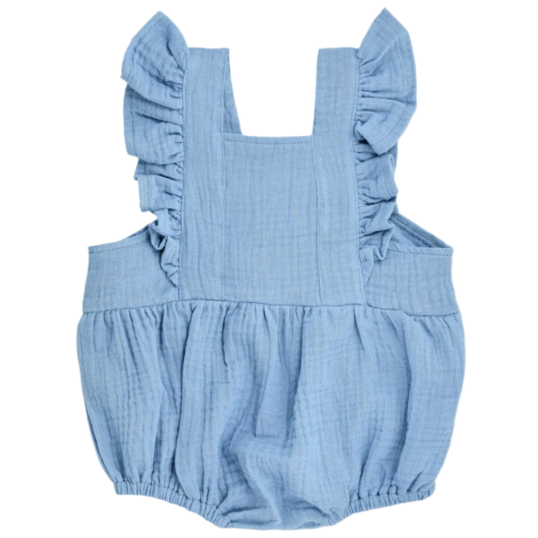 Muslin Flutter Sleeve Romper - Blue - HoneyBug 