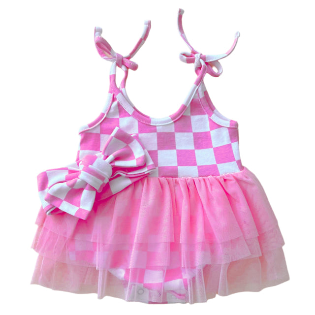 Tutu Romper | Checkered Bubble Gum - HoneyBug 