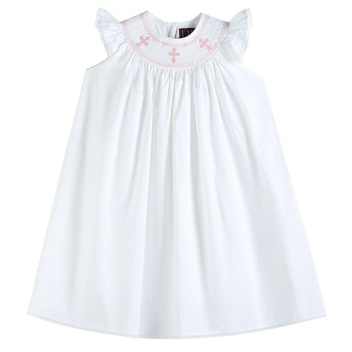White and Pink Crosses Smocked Bishop Dress