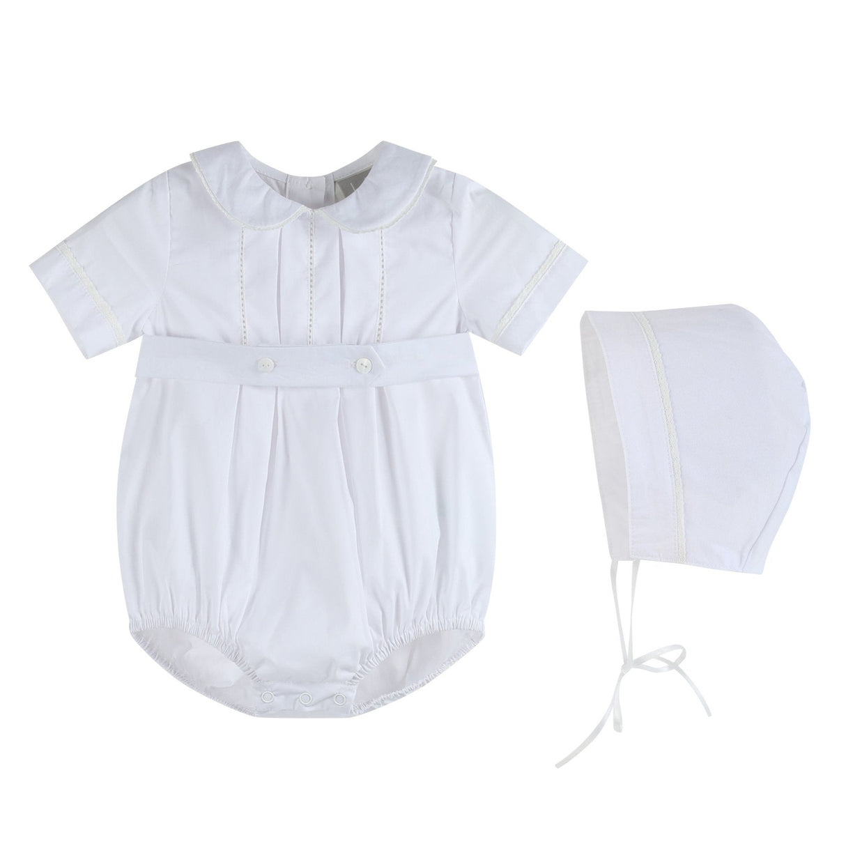 White Collared Button Romper with Bonnet