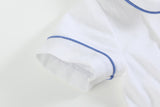 White Collared Top and Blue Button Shorts
