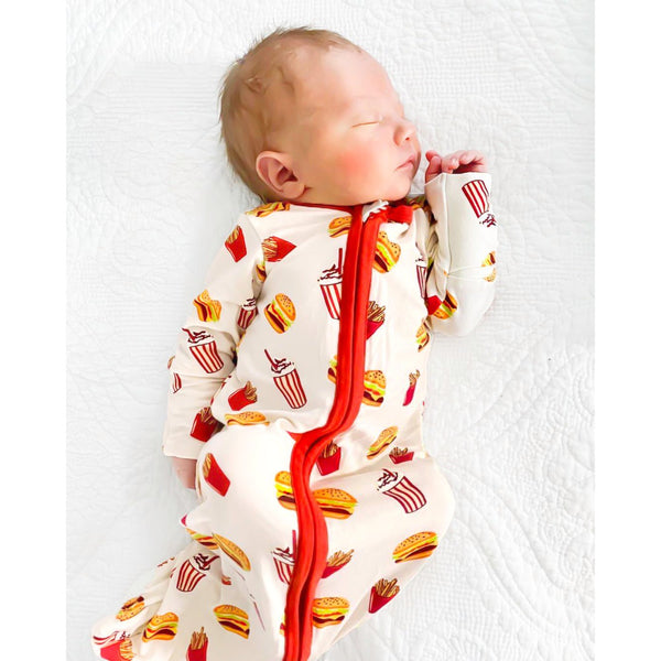 White Truffle Burgers & Fries Newborn Gown & Knot Hat Set - HoneyBug 