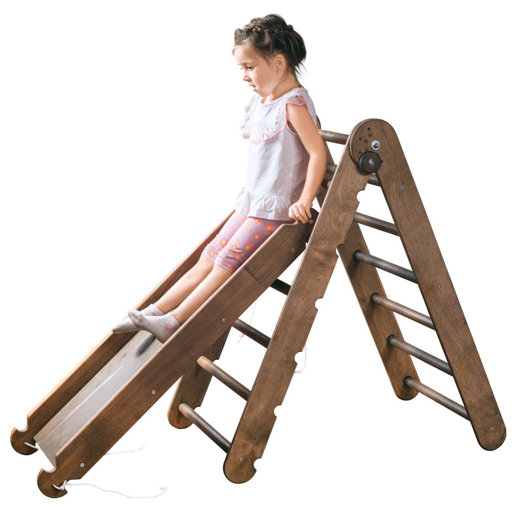 2in1 Montessori Climbing Frame Set: Triangle Ladder + Slide Board/Ramp – Chocolate - HoneyBug 