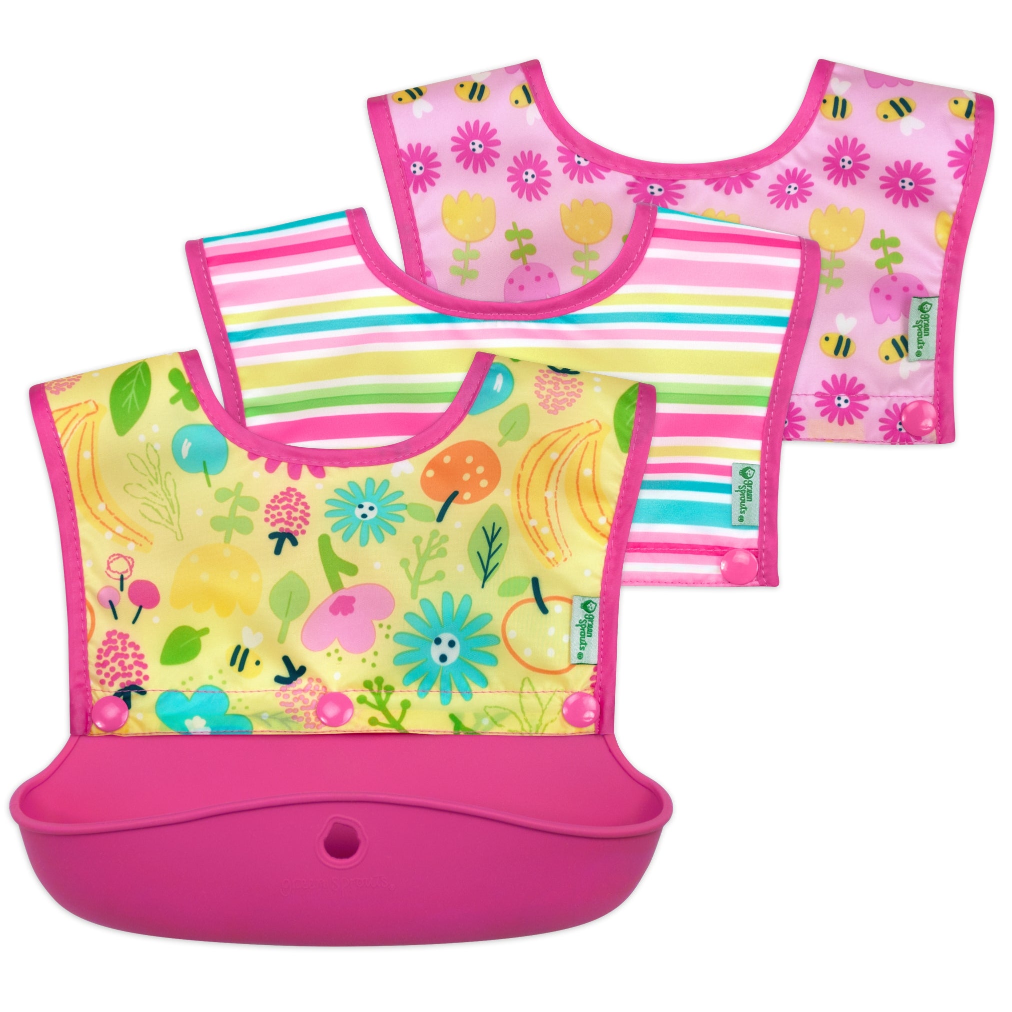 Snap & Go Silicone Food Catcher Bib - (3-in-1 set) - Pink Bee Floral - HoneyBug 