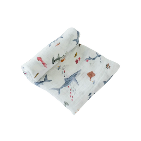 Cotton Muslin Swaddle Blanket -Shark - HoneyBug 
