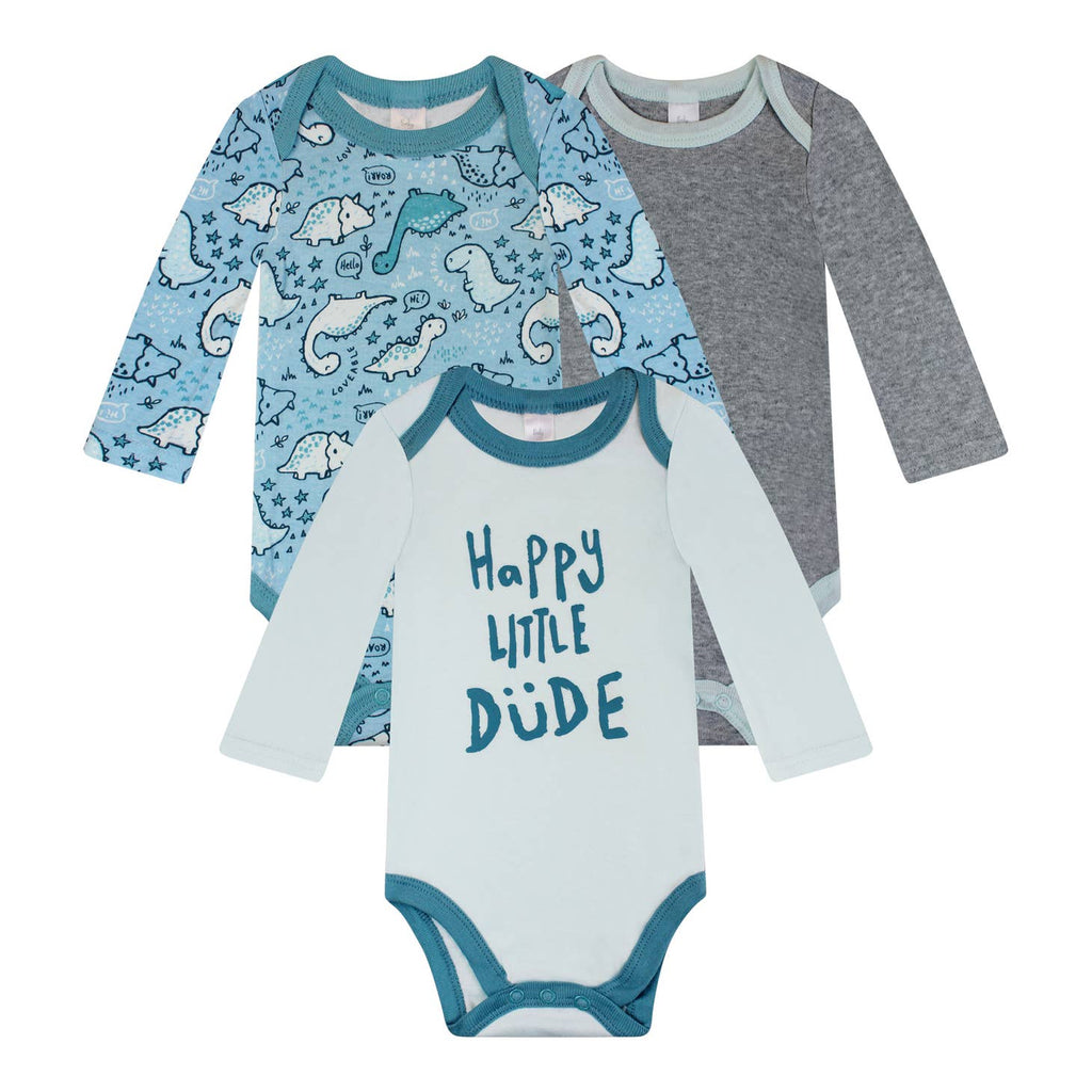 Happy Little Dude -  3pk Long Sleeve Bodysuits - HoneyBug 