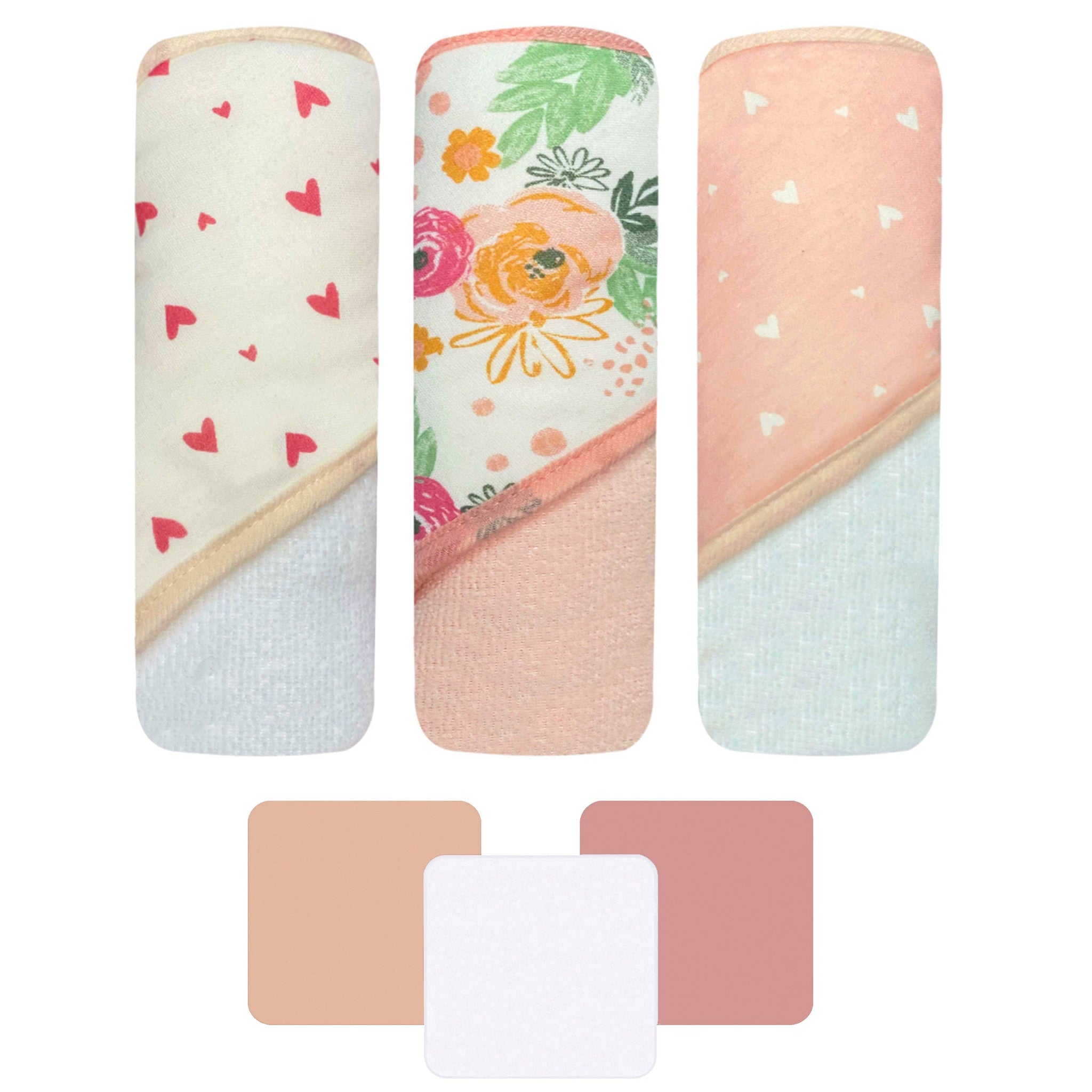 3Pk Hooded Towel W/ 3Pk Wash Cloth - Pink Floral & Hearts - HoneyBug 