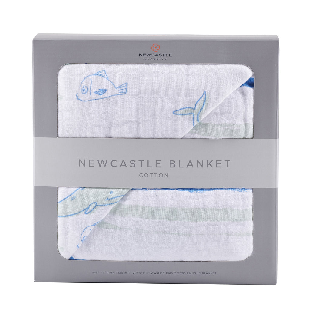 Whale and Ocean Stripe Cotton Muslin Newcastle Blanket - HoneyBug 