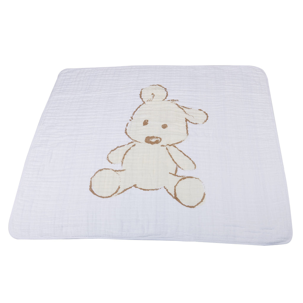 Teddy Bear and Grey Stripe Cotton Muslin Newcastle Blanket - HoneyBug 