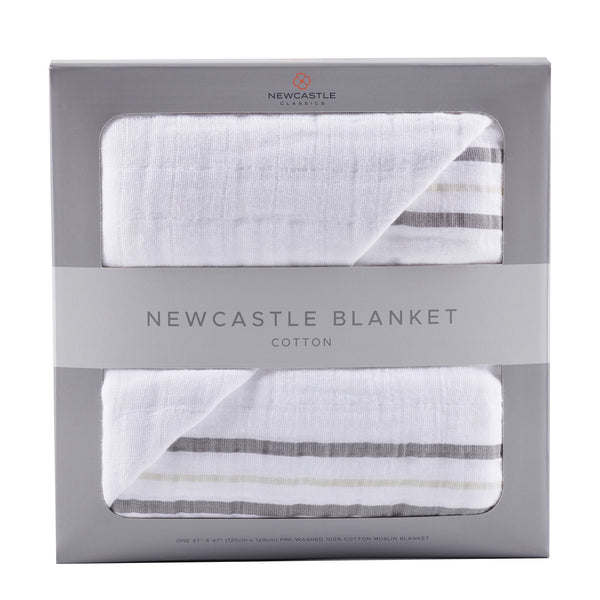 Teddy Bear and Grey Stripe Cotton Muslin Newcastle Blanket - HoneyBug 