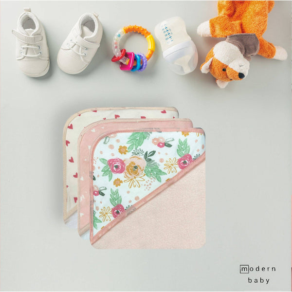 3Pk Hooded Towel W/ 3Pk Wash Cloth - Pink Floral & Hearts - HoneyBug 