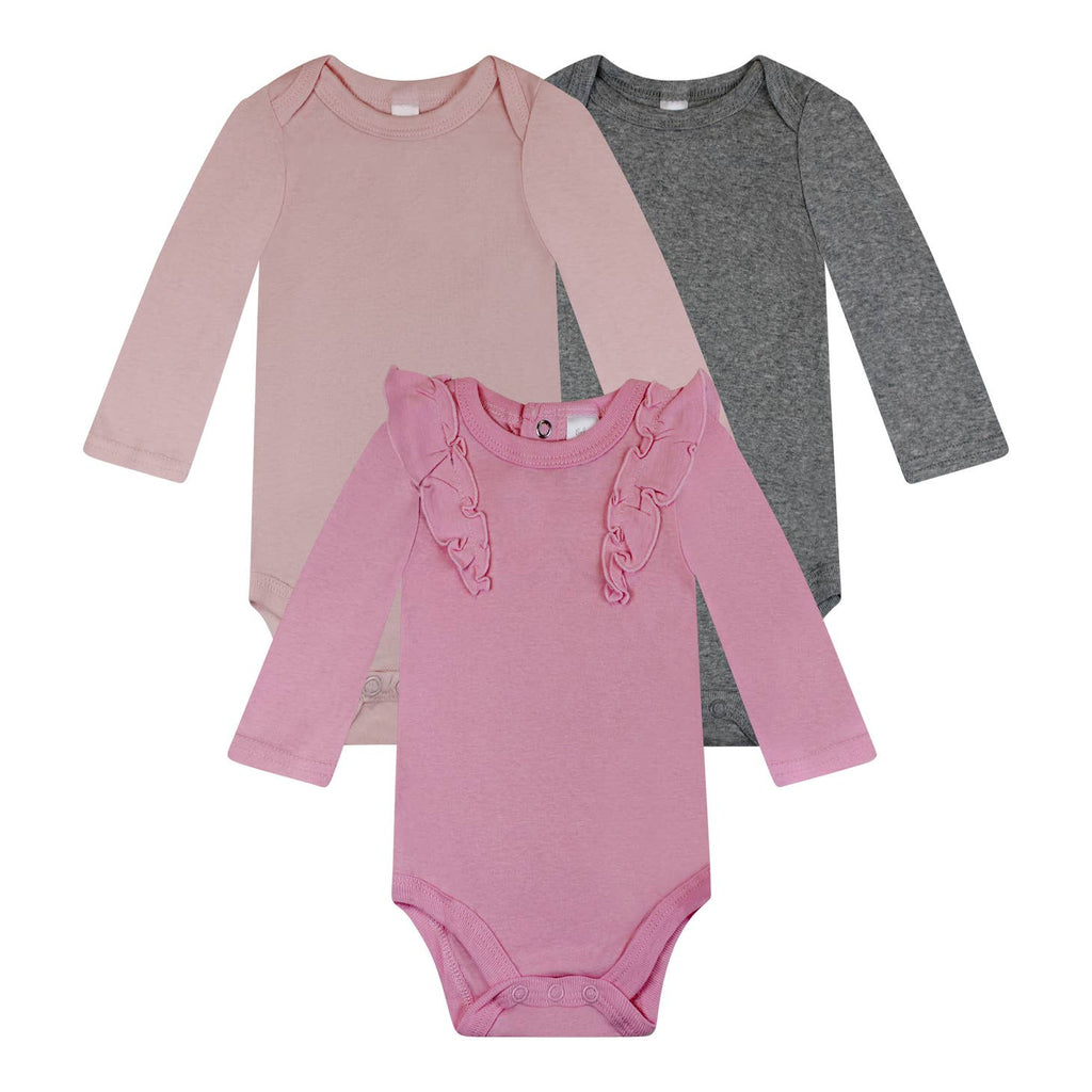 Pink Ruffle Bodysuits -  3pk Long Sleeve Bodysuits - HoneyBug 