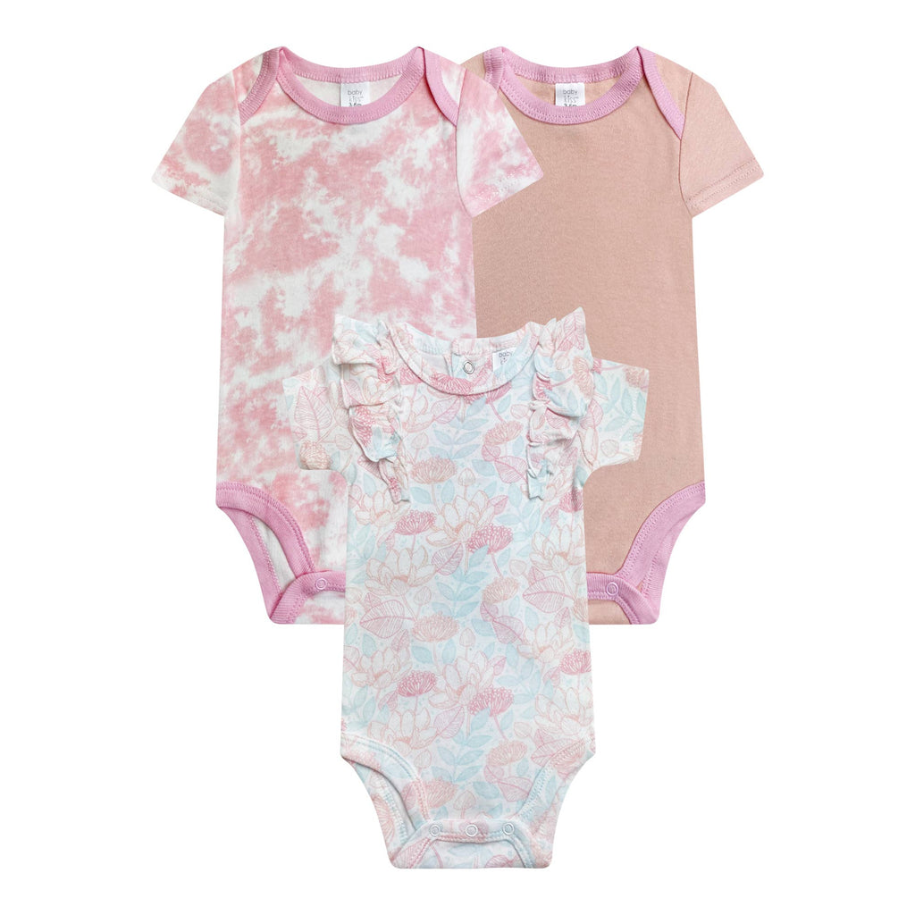 3Pk Short Sleeve Bodysuits - Ruffled Floral Pink - HoneyBug 