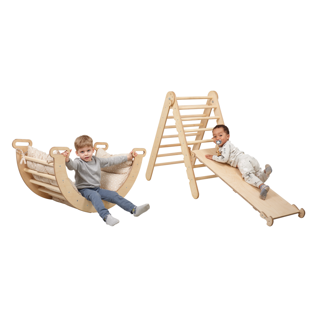 3in1 Montessori Climbing Set: Triangle Ladder + Wooden Arch + Slide Board – Beige NEW - HoneyBug 