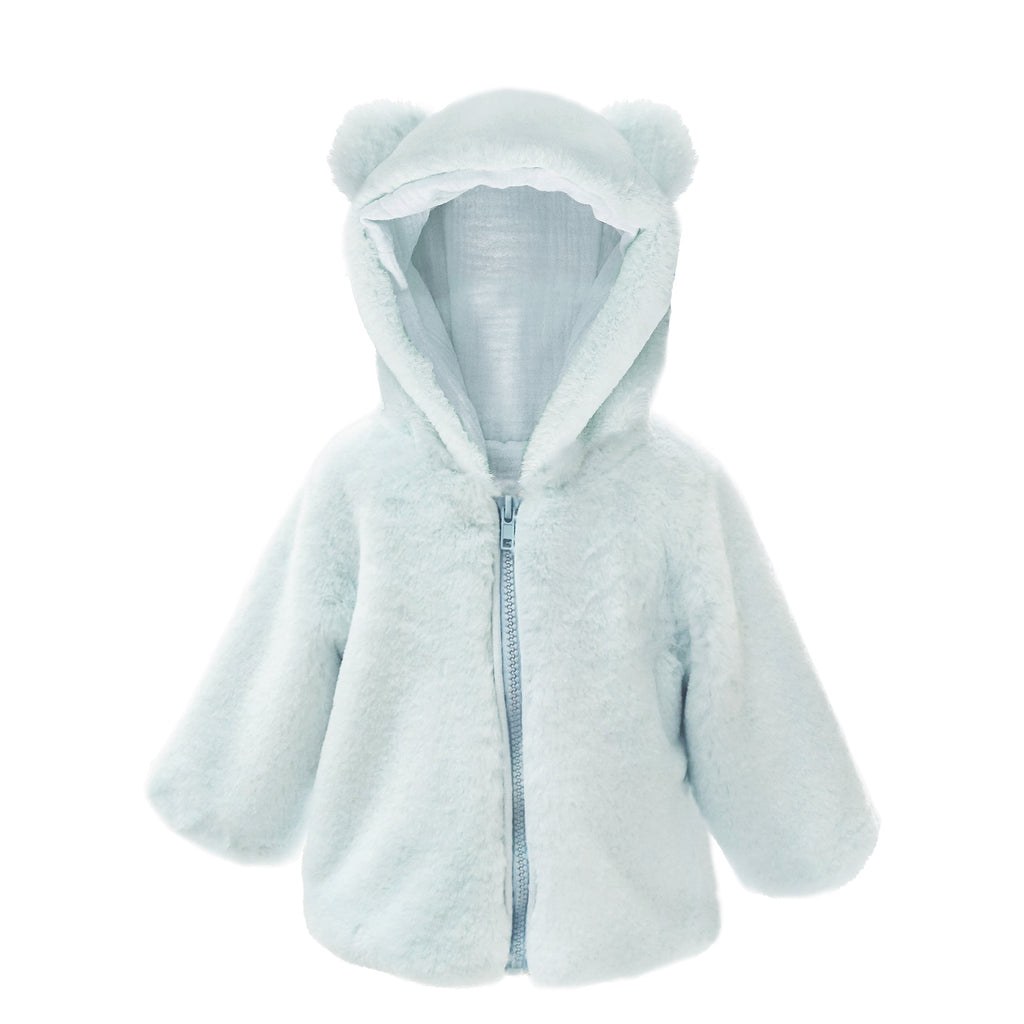Blue Bear Faux Fur Hooded Baby Coat 6-12M - HoneyBug 