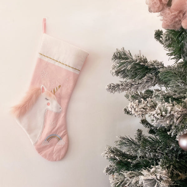 Pink Linen Unicorn Christmas Stocking - HoneyBug 